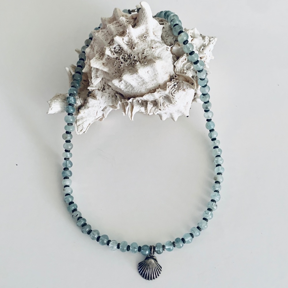 Aquamarine Beaded Necklace with Shell Pendant
